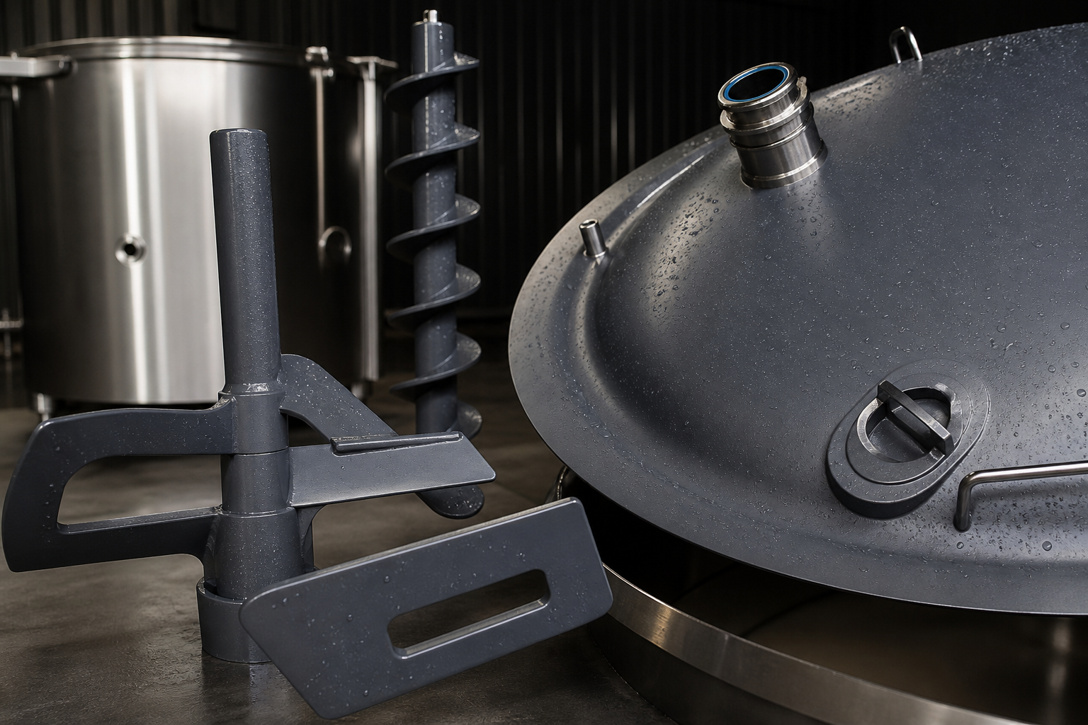 Coated food-processing lid, agitator, and auger with water-bead release