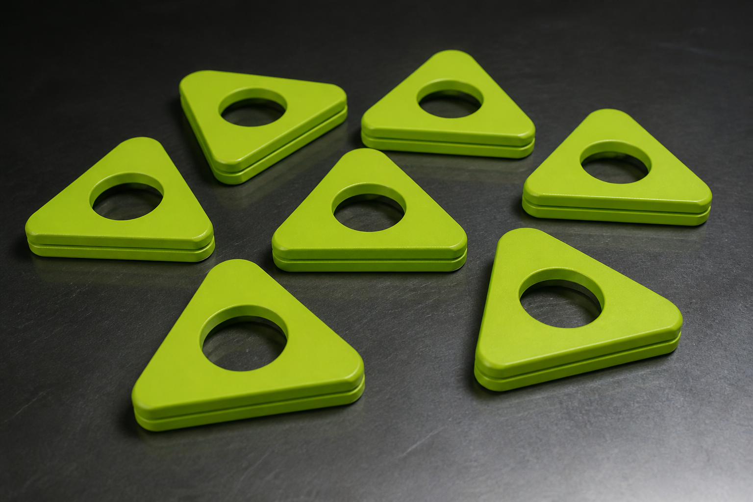 Lime-green coated triangular parts